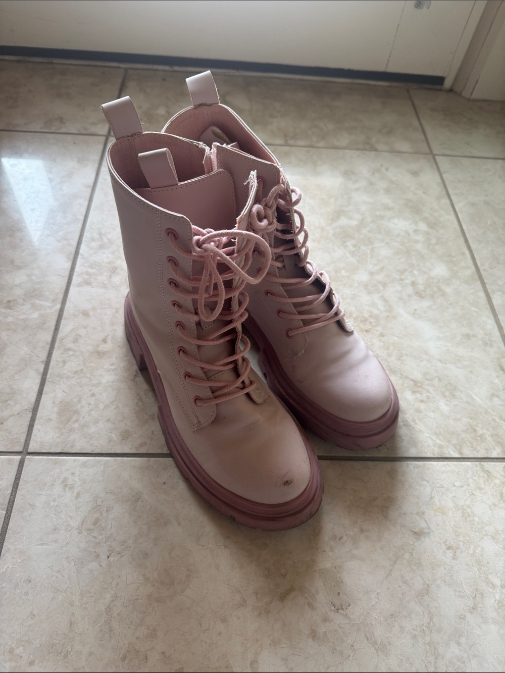 Zara Pink Lace-Up Kids Platform Combat Boots